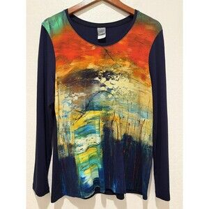 Dolcezza Large Women's Top Abstract Landscape Printed Tee Artsy Stretch Tunic